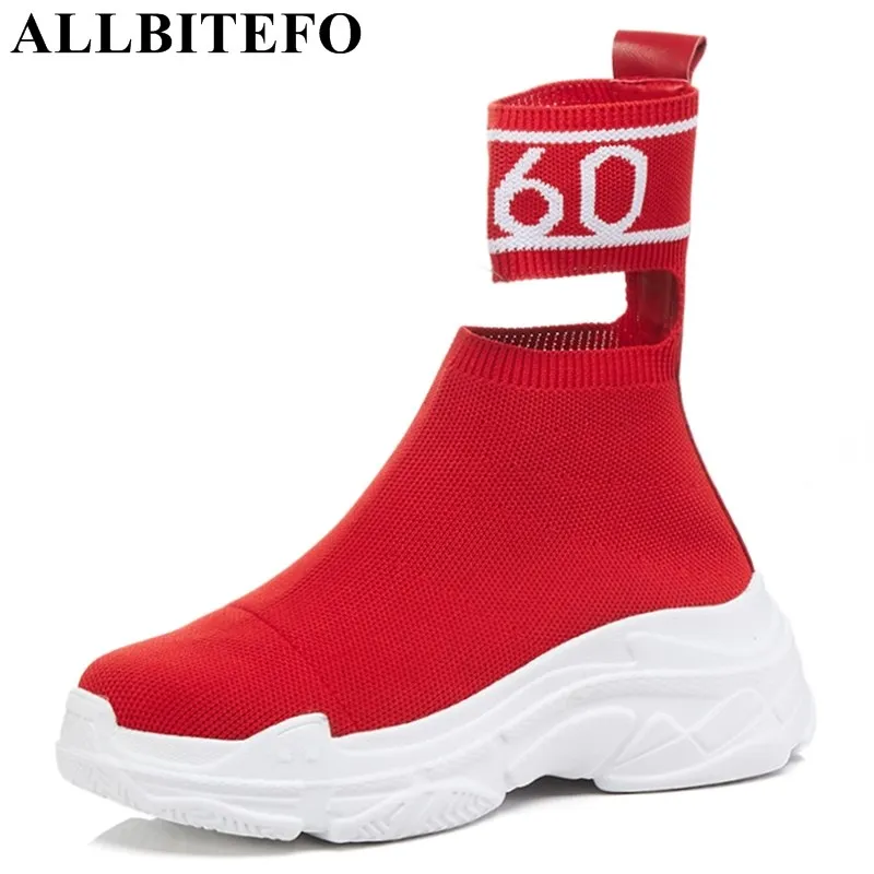 

ALLBITEFO brand wedges high heel women boots knitting comfortable breathable Autumn winter motocycle boots fashion ankle boots