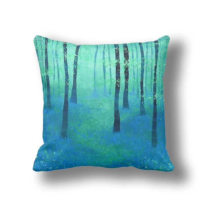Turquoise Blue Forest Watercolor Decorative Cushion Pillows for Sofa