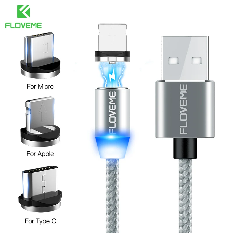 FLOVEME 3 в 1 Магнитный кабель для iPhone 8 X Micro usb type C кабель 2A Быстрая зарядка 1 м магнитные телефонные кабели для samsung USB-C - Цвет: Aurora Silver