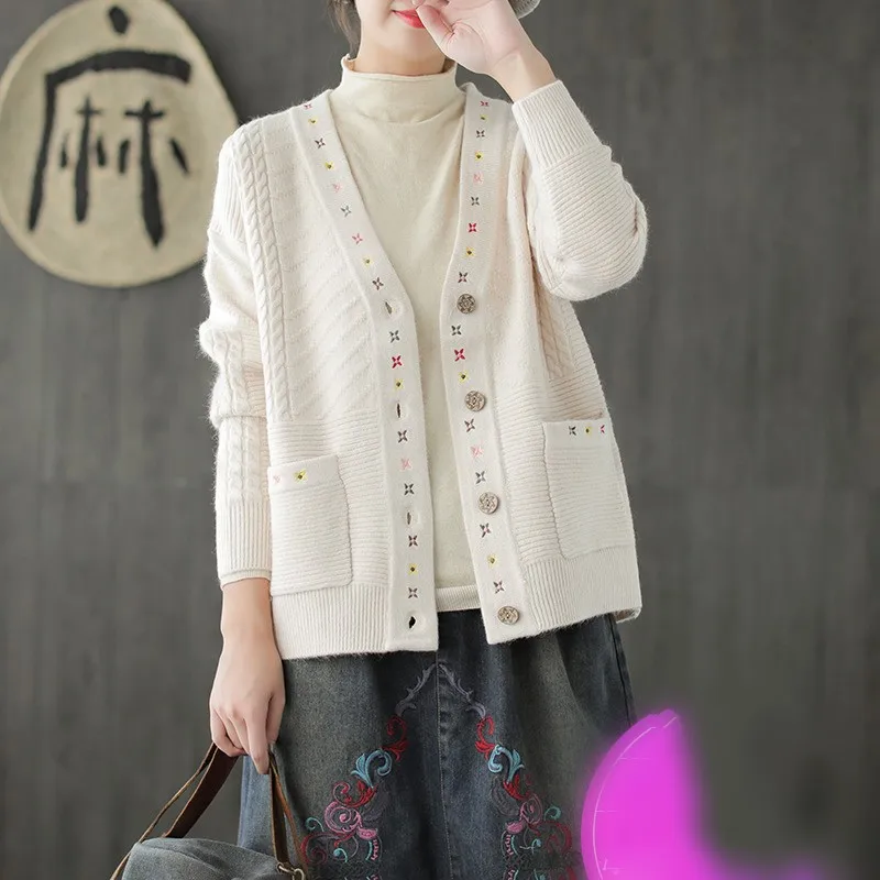 Buy Placket embroidery v neck long sleeve Sweaters