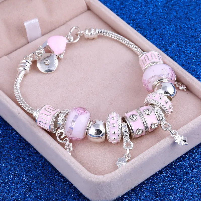 925 серебряные Кристальные очаровательные браслеты для женщин с розовыми муранскими стеклянными бусинами браслеты и браслеты DIY женский ювелирный браслет