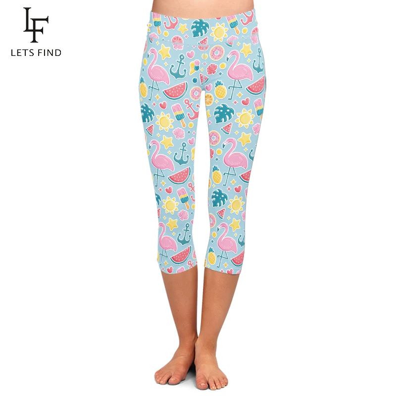 

Summer Fashion New 3D Flamingos and Donuts Digital Printing Women Leggings High Waist Casual Mid-Calf Capri Leggings Plus Size
