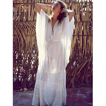 

New Boho Chic Turkish Long Robe V Neck Batwing Sleeve Loose Elastic Waist Lacework Splice Vestidos Holiday Bohemian Dress Women