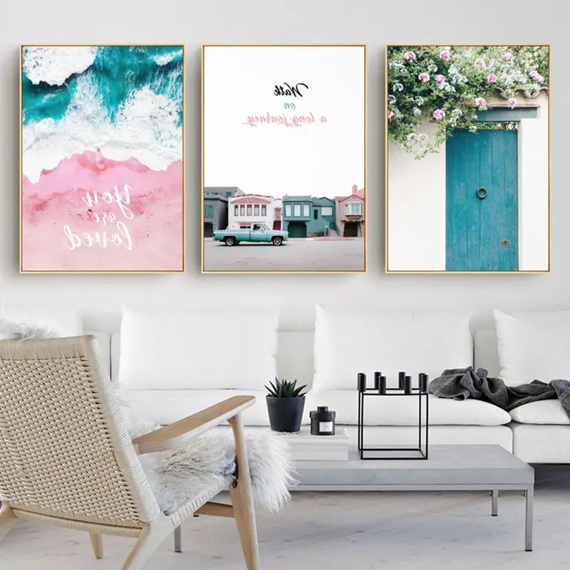 Северный плакат скандинавский пейзаж Картина Холст розовый дом книги по