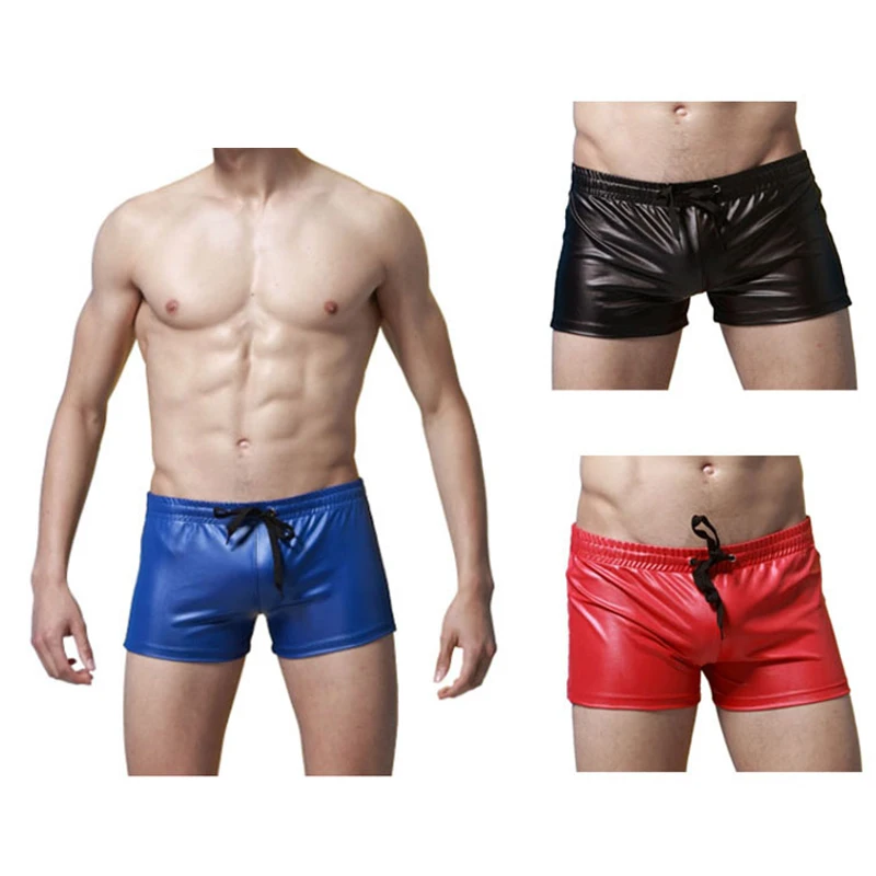 

2017 Exclusive Hot Sexy Underwear Male Boxers Faux Leather Latex Short Boxer Wetlook Lace-up Jockstrap Fetish Gay Men Underwear