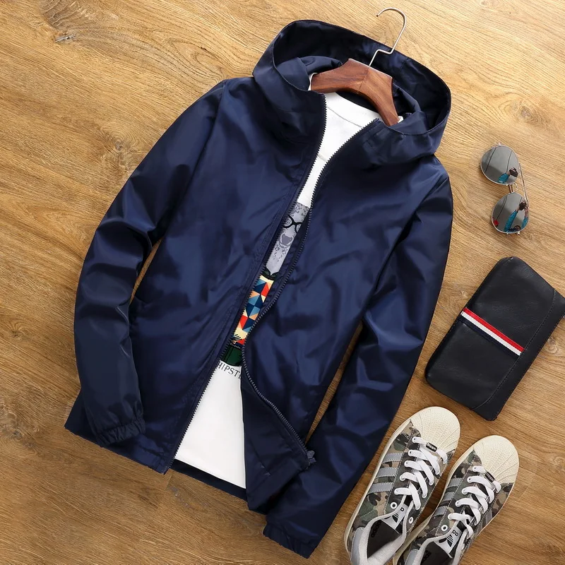 

2018 Summer High Quality Men Jacket Thin Sunscreen Solid Hooded Reflective Zipper Casual Brand Couple Coat Plus Size 7xl
