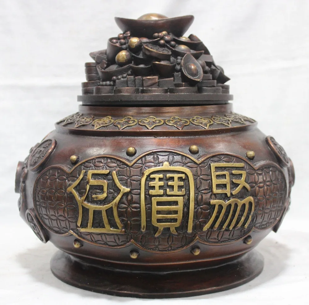

005521 14" China Chinese Palace Bronze Yuanbao treasure bowl Wealth Tibetan Word Statue