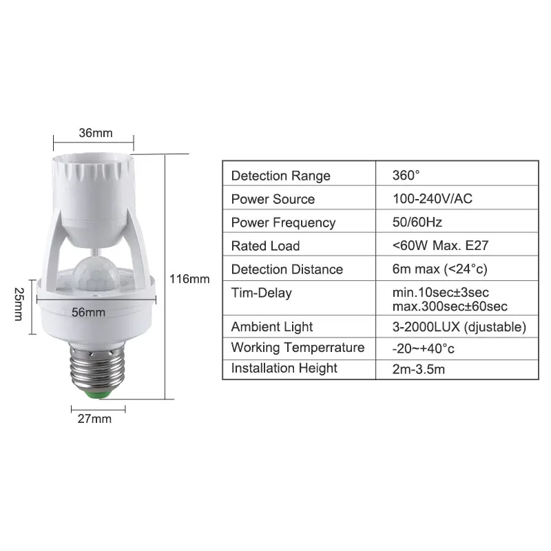 AC100-240V 360 градусов E27 конвертер держатель лампы PIR датчик движения человека ИК инфракрасный E27 Цоколь лампы светодиодные лампы ночной Светильник - Испускаемый цвет: sensor holder