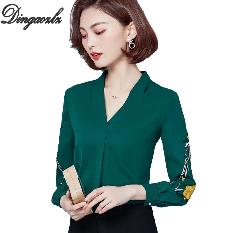 

Dingaozlz Autumn 2018 embroidered shirts V collar long sleeve Women Tops fashion Plus size Chiffon blouse Office lady shirt