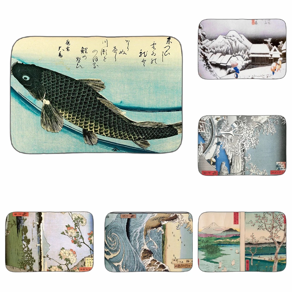 Японский художественный коврик Fish of Vivid Ukiyoe декоративный Противоскользящий для