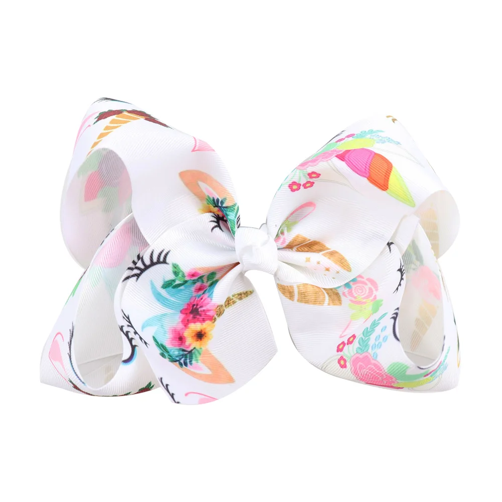 

7" Large Jumbo Unicorn Bows With Hair Clips For Girls Kids Handmade Boutique Printed Ribbon Hair Bows Hairgrips Hair Accessories