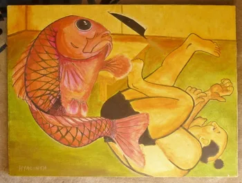 

Art painting original signed sumo fish Japanese unique yellow on Canvas #free shipping