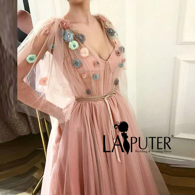 LAIPUTER Vestido Longo De Festa A-Line Красочные цветы v-образный вырез с рукавами с поясом для женщин