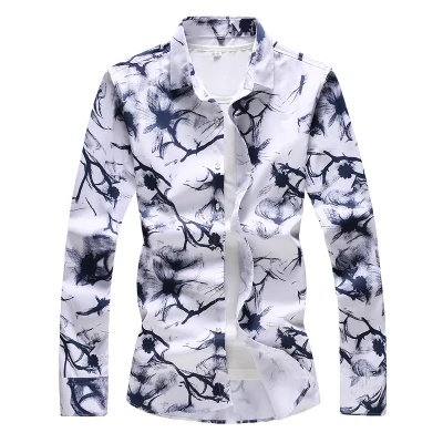 Для мужчин осень принт рубашка с длинными рукавами молодежная мода цветы Темно-синие гавайская рубашка атласная Camisa 7502 M-7XL - Цвет: 7507