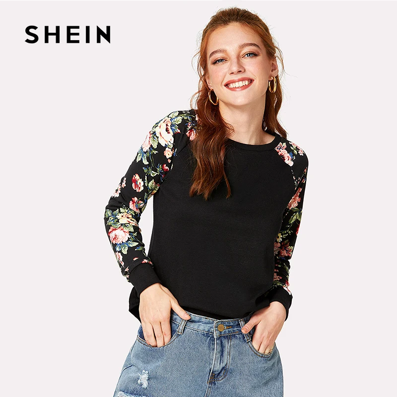 SHEIN Floral Raglan Sleeve Curved Hem Womens Tee Shirts Autumn Womens T shirts Casual Ladies Black Long Sleeve T shirt