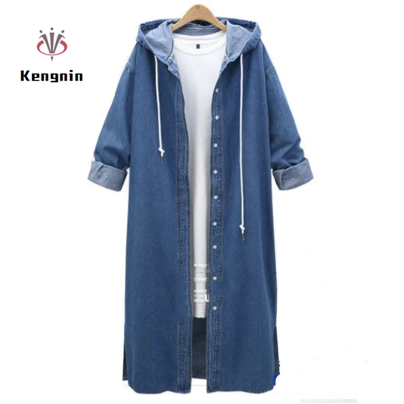 

2019 Autumn Winter Oversize 4XL Ladies Trench Coats Hooded Long Sleeve Jean Outerwear X-Long Single Breasted Street Windbreaker