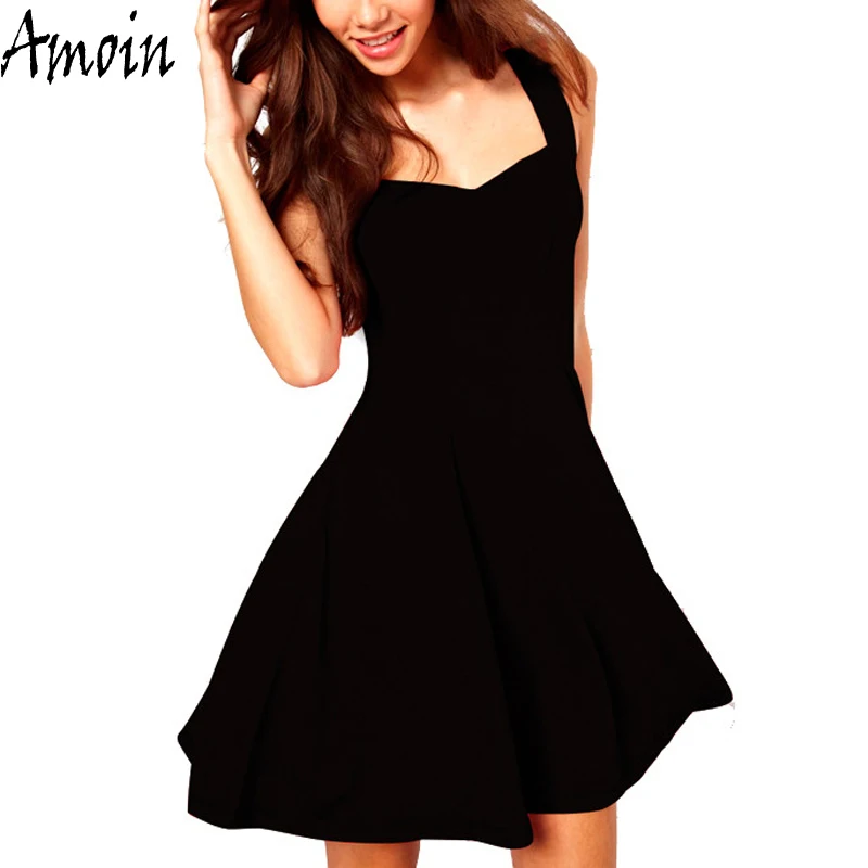 Wholesale Amoin Brand Women Sexy Little Black Dress 2017 Summer Vestido Fashion Casual Classic Brief A Line Skater Knee Length Dress Buy Cheap Amoin Brand Women Sexy Little Black Dress 2017 Summer Vestido Fashion Casual Classic Brief A Line Skater Knee Length Dress