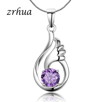 

ZRHUA Newest Trendy Women Wedding Jewelry 925 Sterling Silver Cubic Zircon Pendant Necklace Free Shipping White Purple Optaion