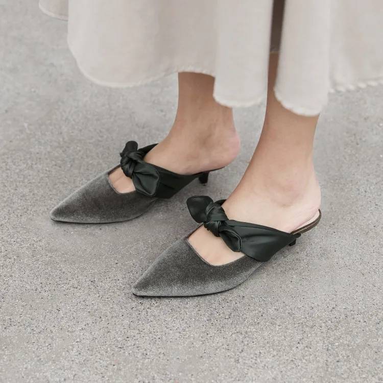 

MLJUESE 2019 women slippers Soft velvet Summer Rome style green color bow-tied pointed toe beaches sandals party dress size 43