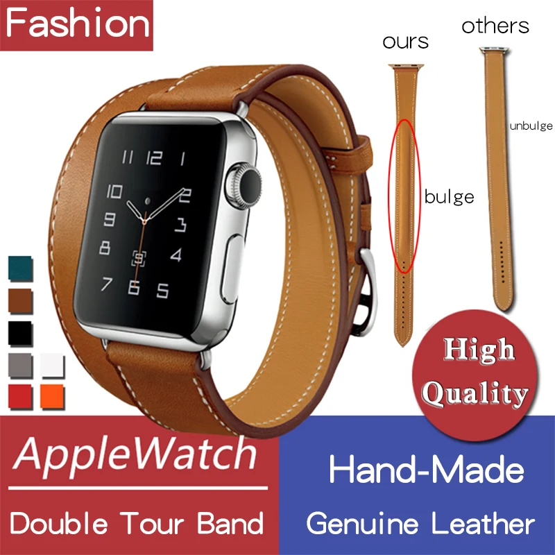 

genuine leather double tour bands for apple watch series 4 3 2, iwatch4 two loop band brown herm strap 40 44mm replacement belt