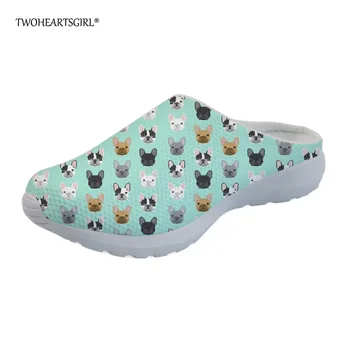 

Twoheartsgirl French Bulldog Slippers for Women Cute Female Ladies Mesh Beach Slippers Breathable Women Sandals Home Shoes Plus