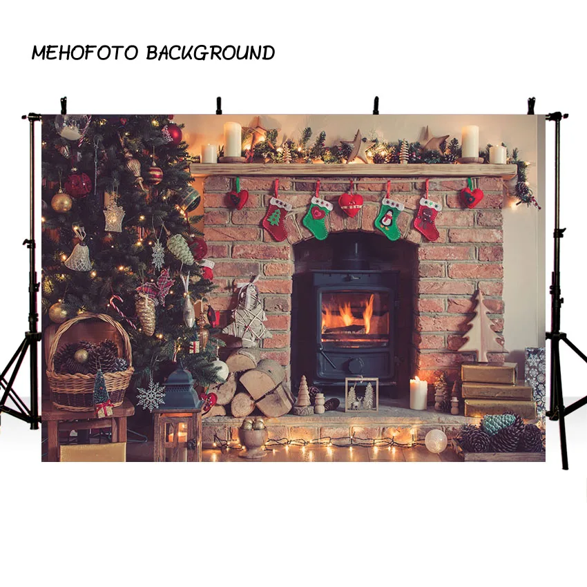 

MEHOFOTO Christmas Candle Backdrops Bell Tree Bauble Star Wreath Brick Fireplace Child Photo Backgrounds Photocall Photo Studio