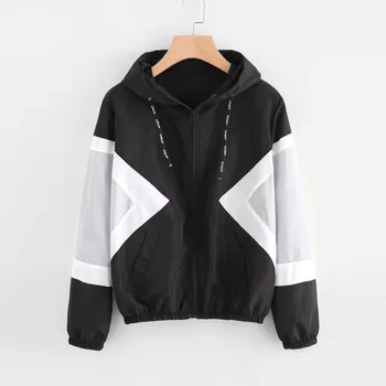

FeiTong Autumn Women Windbreaker Jacket Long Sleeve Patchwork Standard Skinsuits Hooded Zipper Pockets Coat