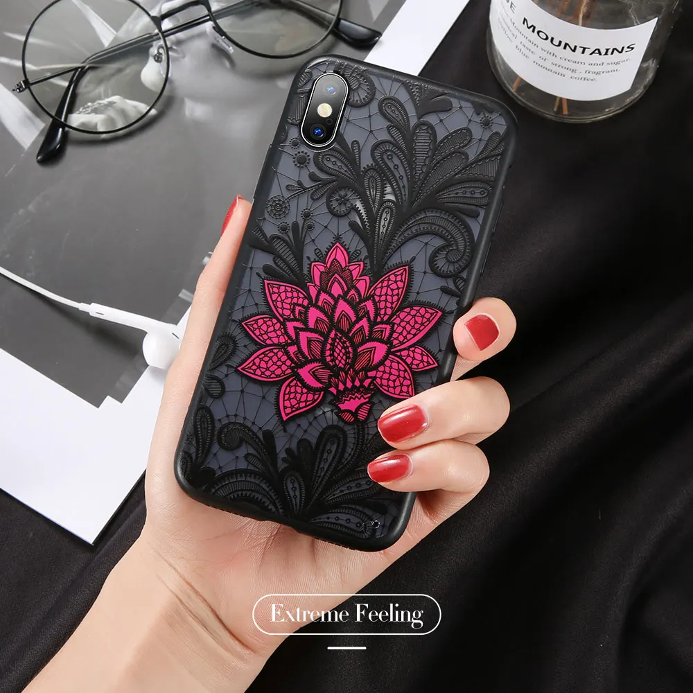 KISSCASE чехол для iPhone 7 8 6 S Plus 3D тиснением цвета: черный красный розовый цветок 5S 5 Se