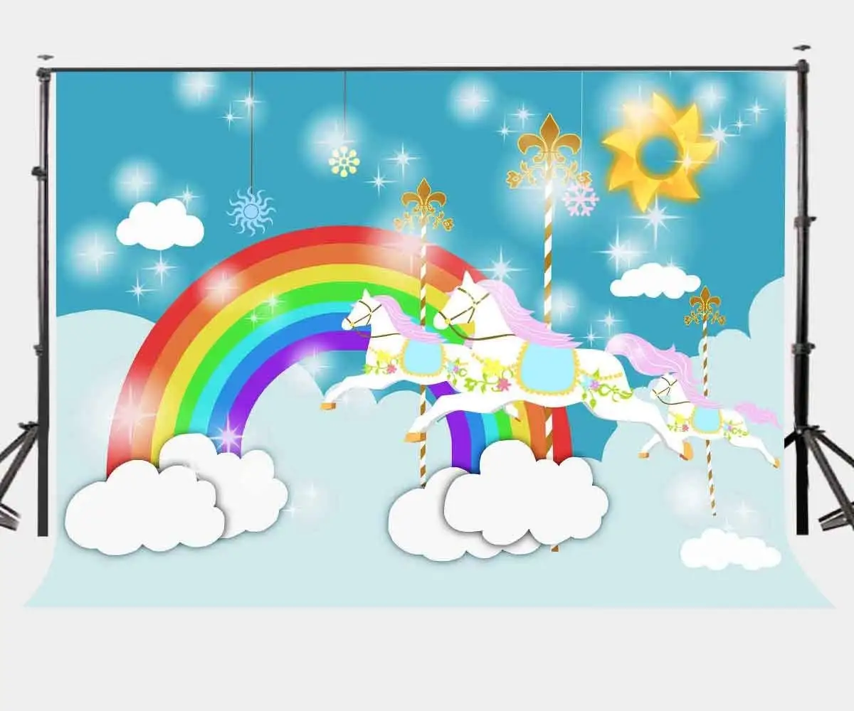 

150x220cm Cartoon Fairy Tale World Backdrop Colorful Rainbow Flying Horses Starry Lights Photography Background