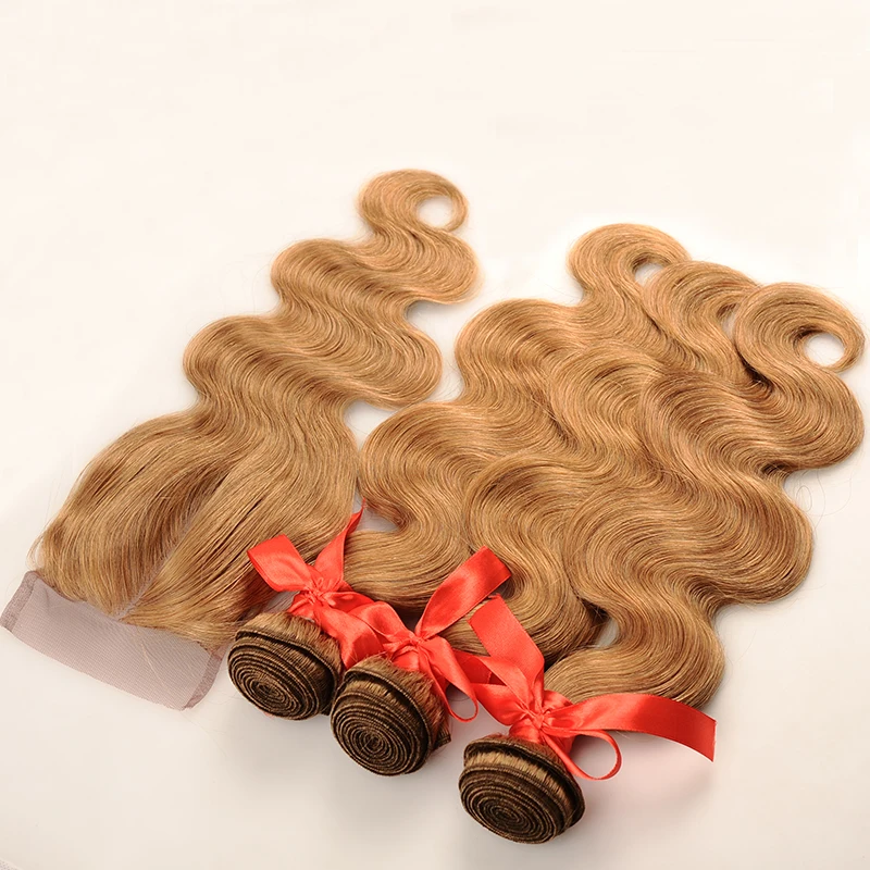 Pinshair перуанские волосы 3 пучка с закрытием медовый блонд#27 цветные человеческие волосы волнистые пучки с закрытием не линяют не Реми