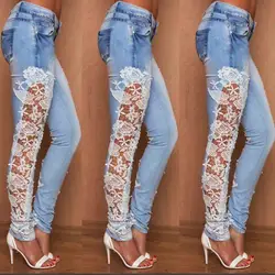 Для женщин печати кружево тощий карандаш джинсы из денима, тянущиеся тонкий фитнес брюки для девочек пикантные повседневное узкие 2019