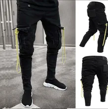 Mens Black Cargo Jeans Destroyed Frayed Biker Jeans Slim Fit Big Pocket Pencil Denim Pants Plus Size S-3XL Man Trousers Trendy plus size frayed pencil jeans
