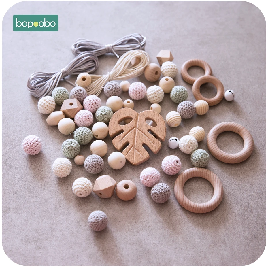 Bopoobo 1Set Baby Teether DIY Silicone Beads Pacifier Clip Chain Baby Mobile Wool ball BPA Free Wooden Crochet Beads Teether