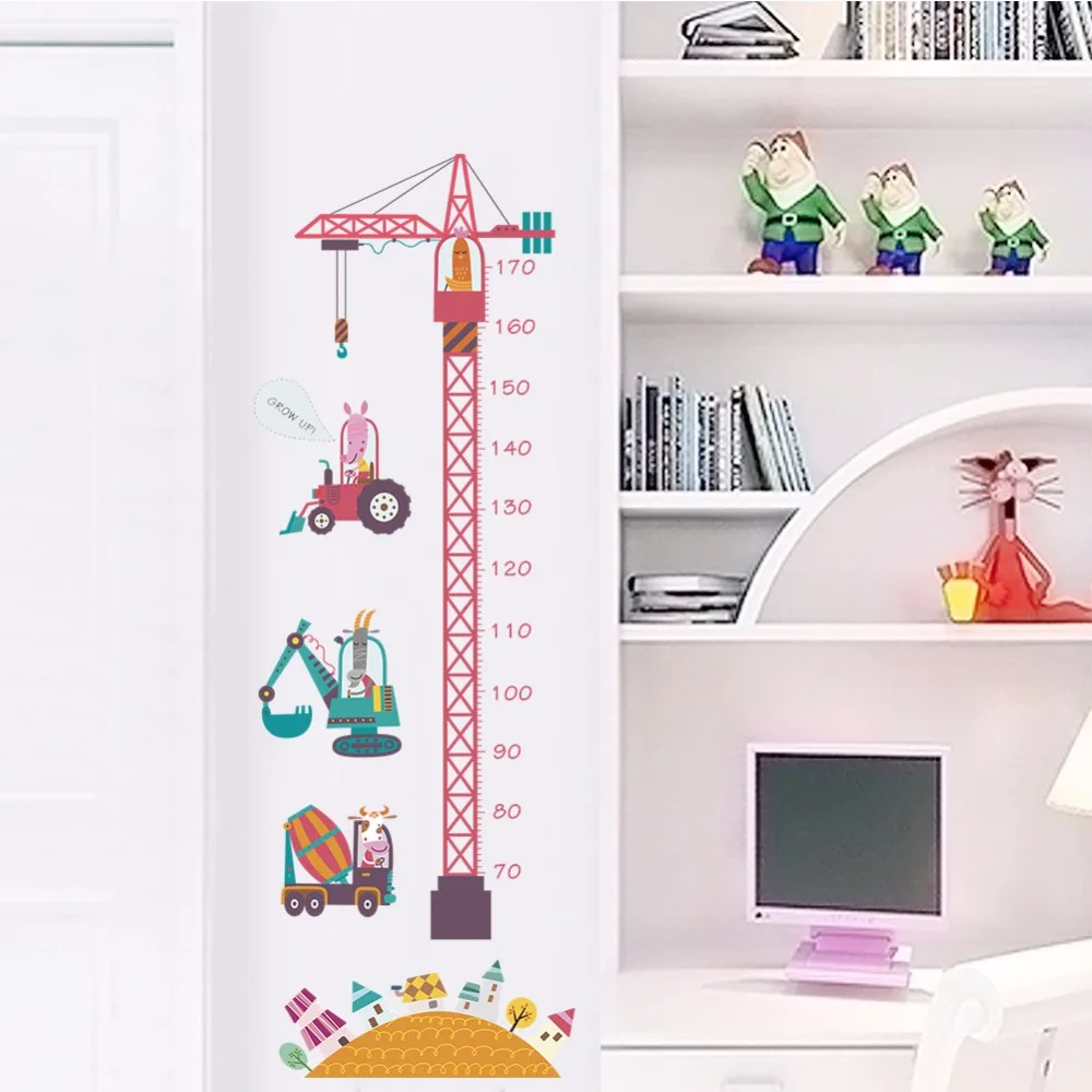 

Pink Crane Engineer Car Height Measure Wall Sticker For Children Room Cartoon Mural Pvc Growth Chart Home Decals Art Wallposter