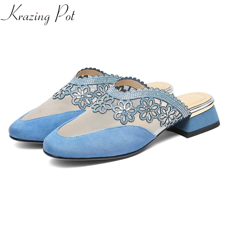 

Krazing pot sheep suede summer bling transparent round toe female mules shallow model runway air mesh med heel brand pumps l09