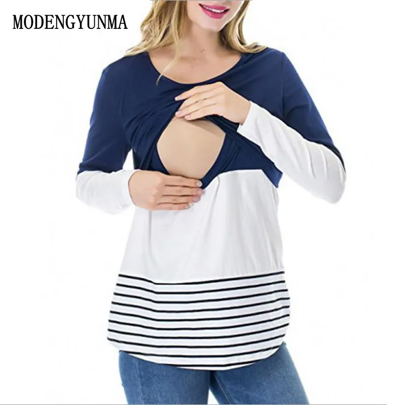 

MODENGYUNMA Maternity Nursing Top patchwork Clothing for Feeding tees Breastfeeding Tops contrast color short Breast Pregnance