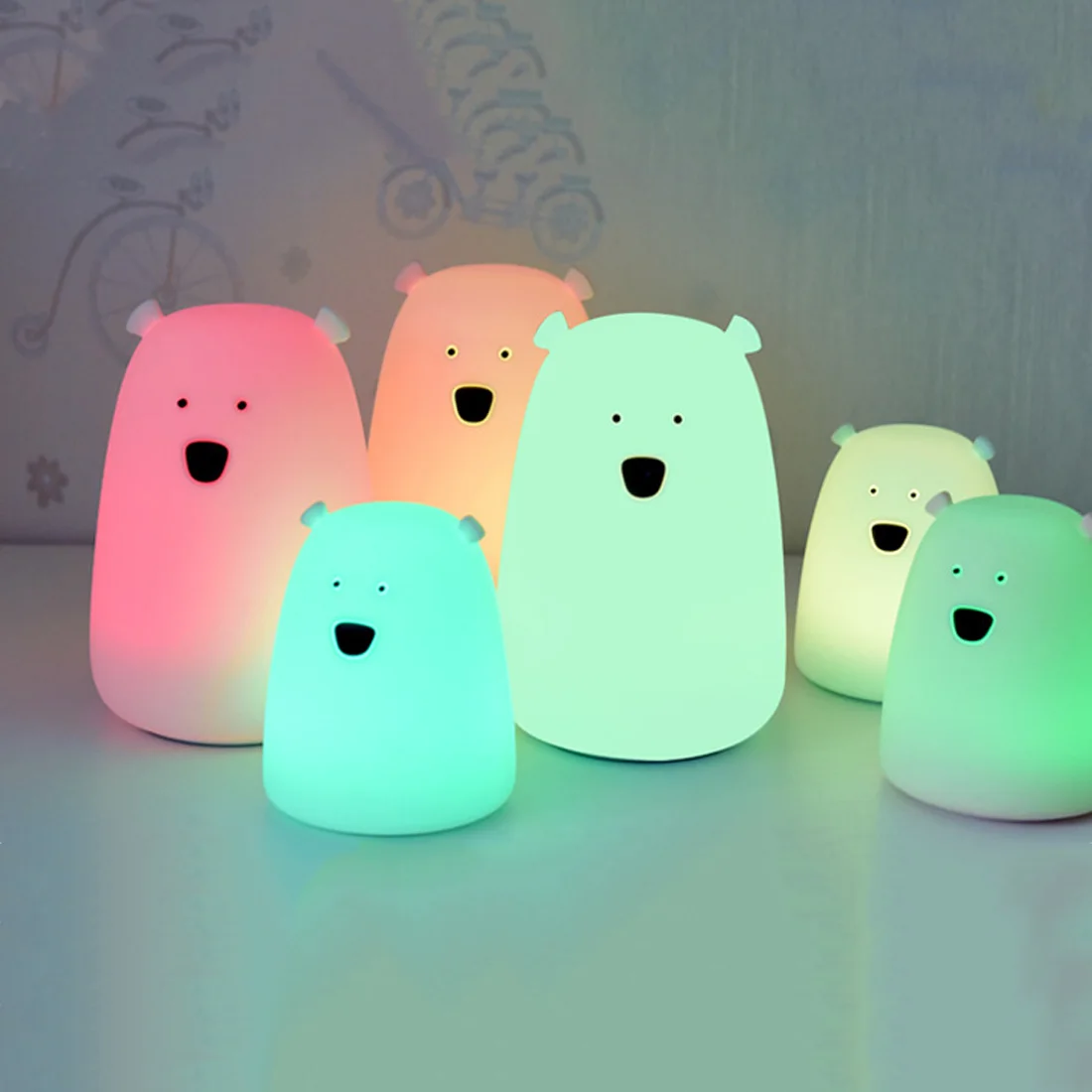  Colorful Bear Silicone LED Night Light Chargeable Battery Touch Sensor light 2 Modes Children Baby  - 32840392740