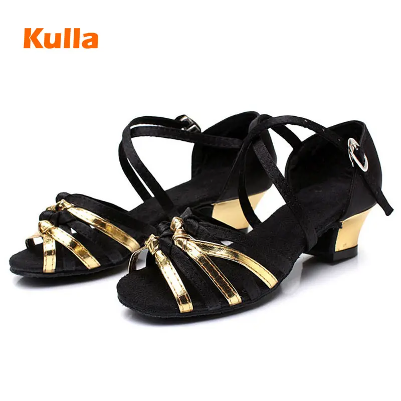 

Low Heeled Satin Latin Dance Shoes For Girls/Children/Kids Black Knot Summer Child Tango Ballroom Exercise Dance Shoes Soft Sole