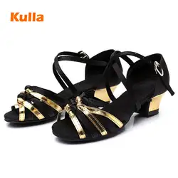 Атласная обувь для латинских танцев на низком каблуке для девочек/детей с черным бантом, летняя детская танцевальная обувь для бальных