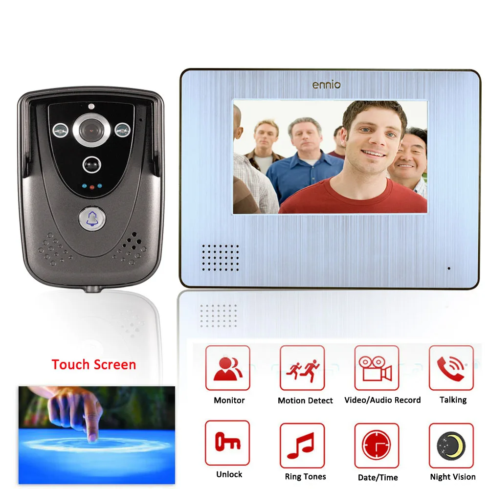 

Free Shipping! ennio 7"  Touch Video Door Phone with PIR Record intercom System with IR camera max to support 32G SD card