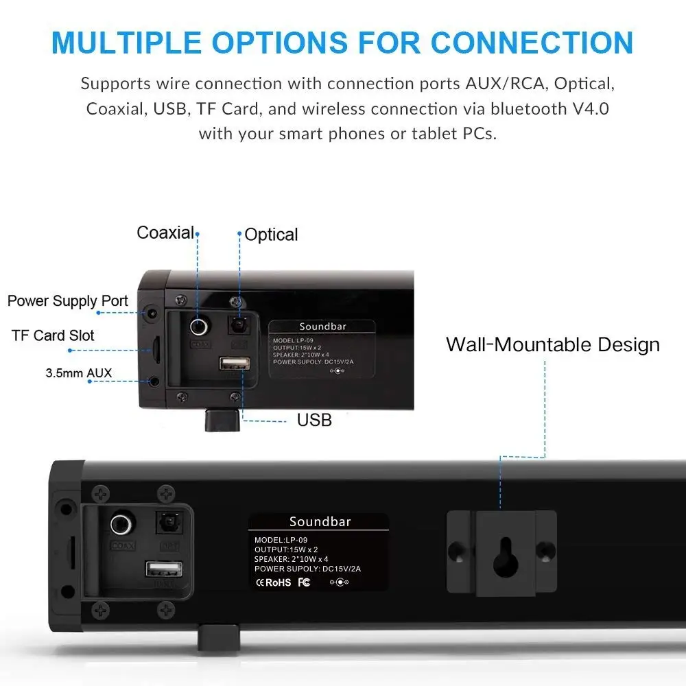 Sago LP09 Bluetooth Speaker Soundbar Wireless Home Theater Loudspeaker Audio Stereo Speaker System with Subwoofer Optical Input
