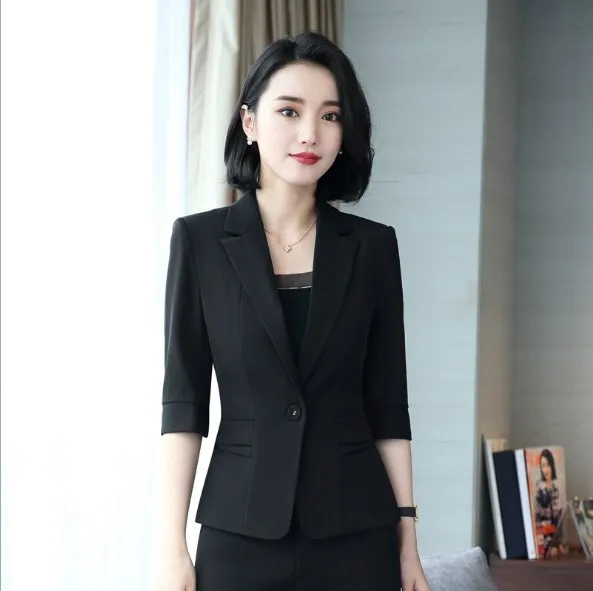 

Summer Office Uniform Style 2 Pieces Set Women Half Sleeve Blazer Suits With Mini Skirt Ladies Work Outfit Black Blue Red