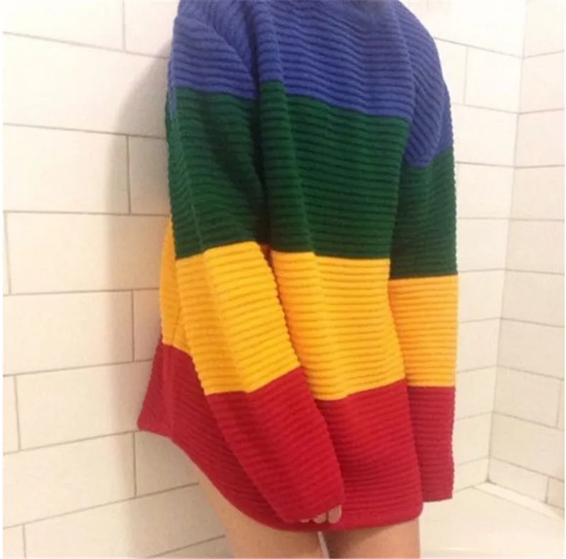 

2019 fashion Autumn Winter Harajuku Streetwear Rainbow Sweater Women Casual Loose Knitting Pullovers Ladies Vintage Jumper