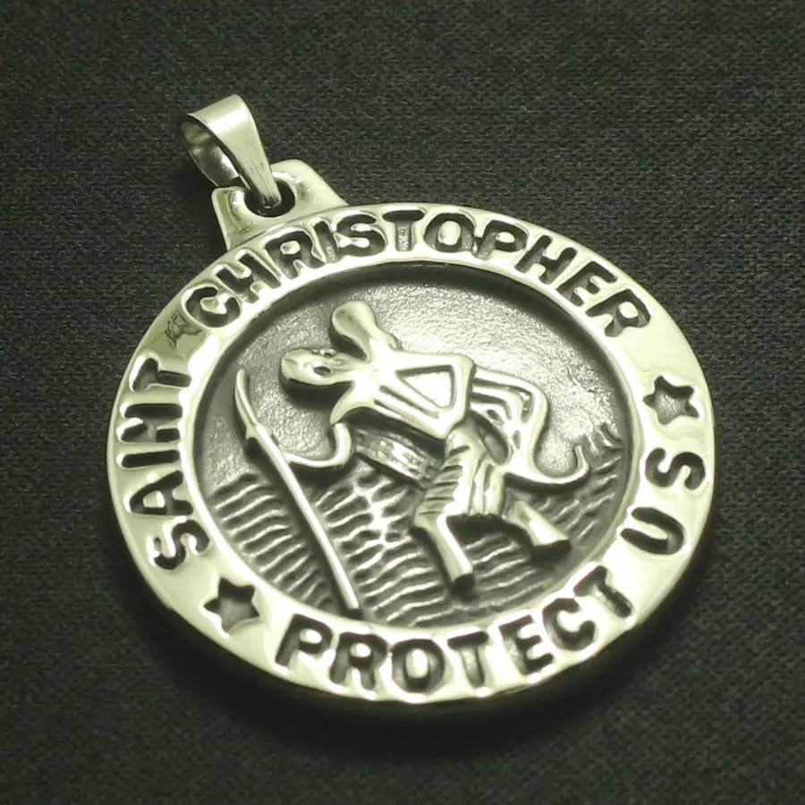 Saint Christopher Carrying the Christ Child Unisex 316L Stainless Steel Cool Saint Christopher Protect Us Silver Pendant