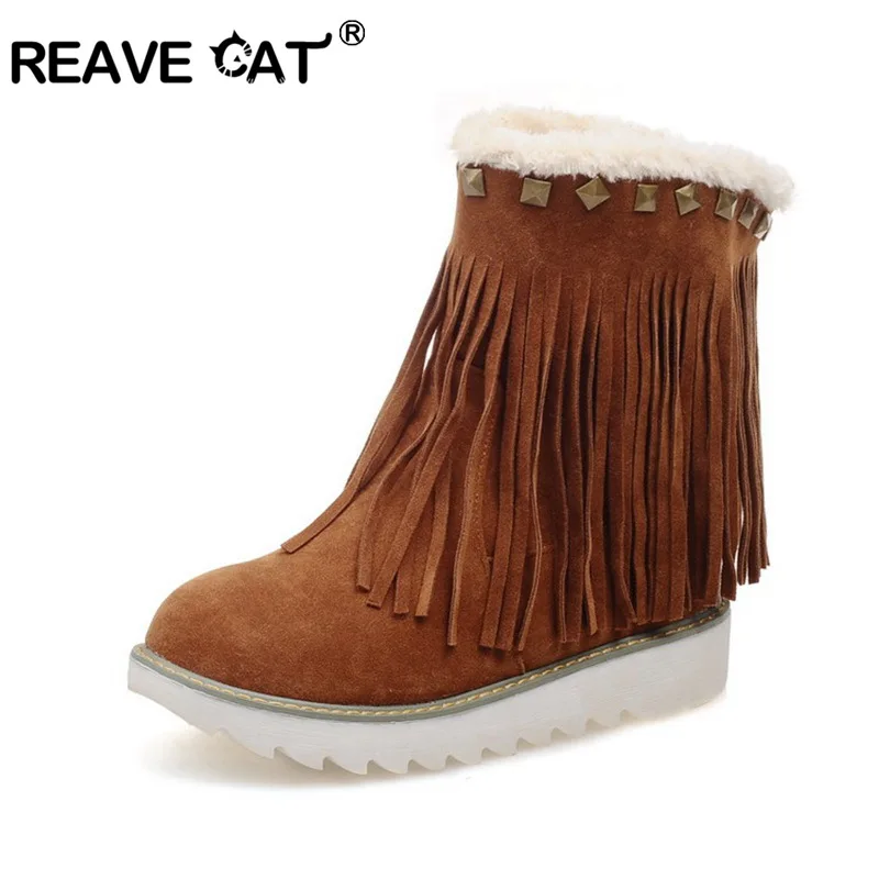 REAVE CAT/большие размеры 33-43; зимние женские сапоги на платформе с кисточками и заклепками; теплые ботинки на меху; зимние ботинки с круглым носком; Zapatos