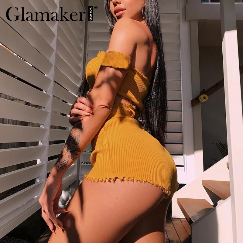 Glamaker вязаный желтый с открытыми плечами женский летний костюм из двух частей