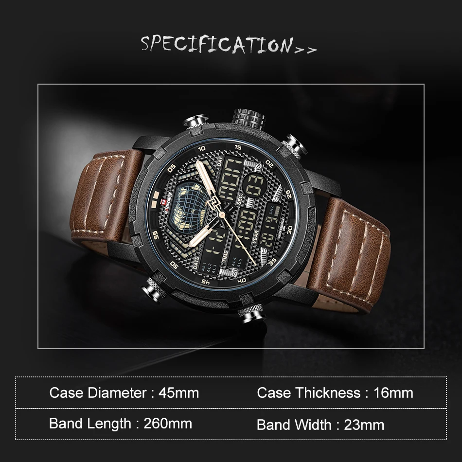 NAVIFORCE мужские s часы Топ бренд Роскошные спортивные часы для мужчин кожаный ремешок 30 м водонепроницаемый Miliary двойной дисплей наручные часы