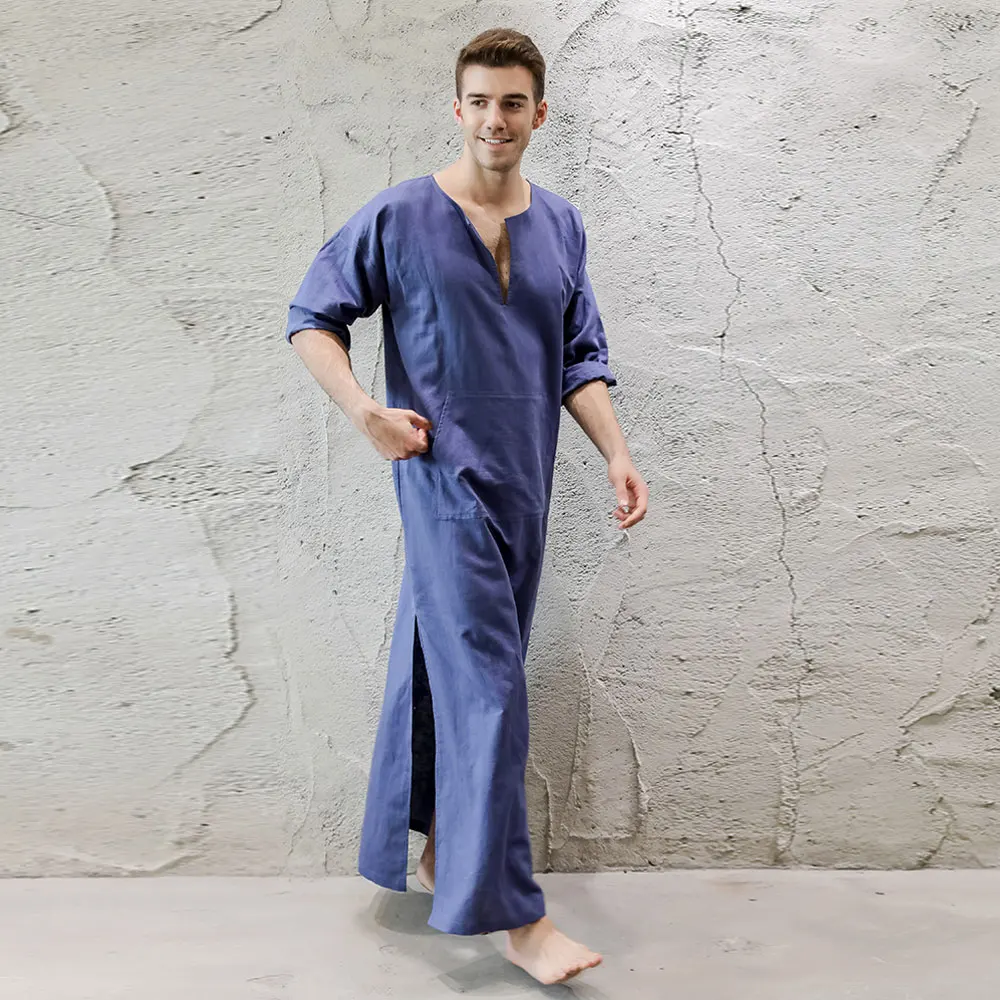 Haseil Mens V-Neck Kaftan Robe Roll Up Long Sleeve Line Solid Long Gown Side Split Thobe
