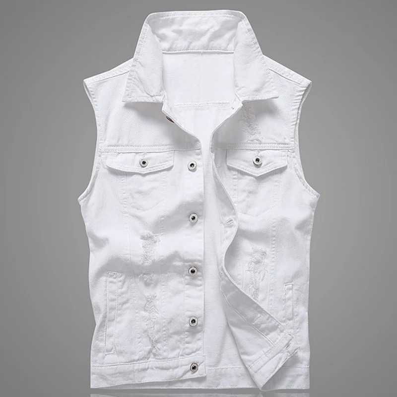 

Hole Denim Waistcoat Men White Jeans Vest Solid Rock Vests For Men Fashions Summer Sleeveless Jacket 5xl Punk Biker Ripped