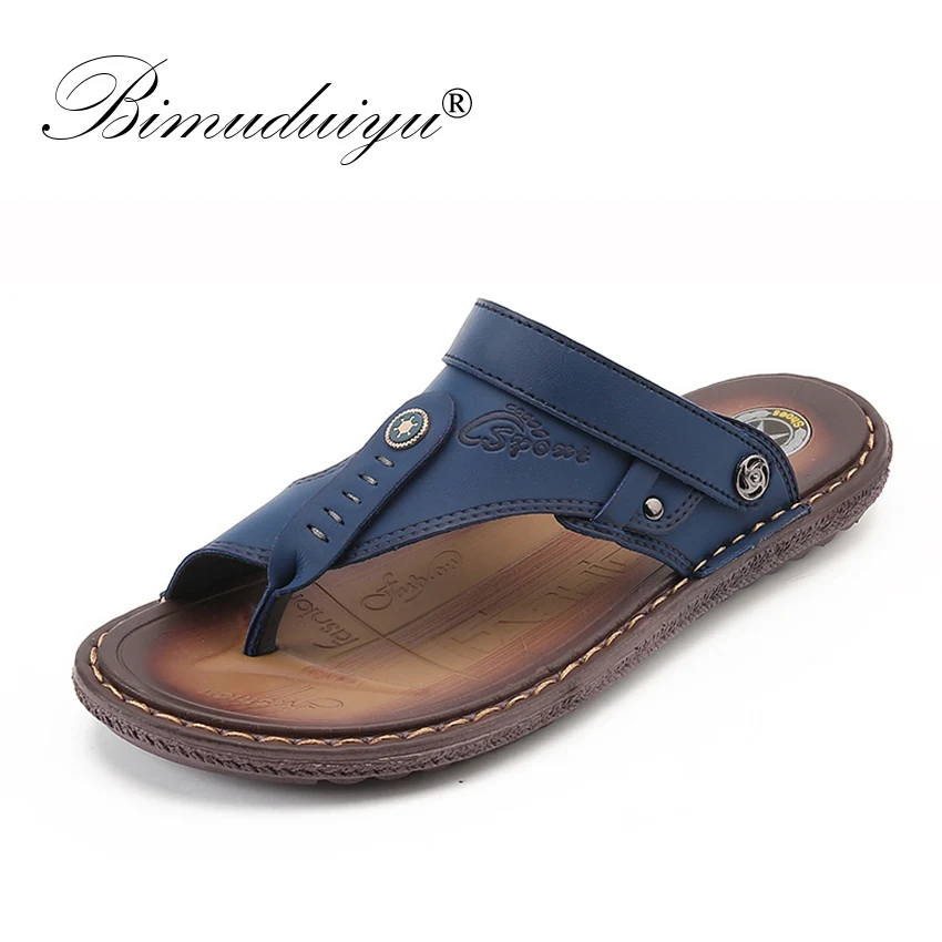 BIMUDUIYU Brand Fashion Men Beach Sandals High Quality Leather Beach Sandals Summer Breathable Casual Shoes Non-slip Slippers 